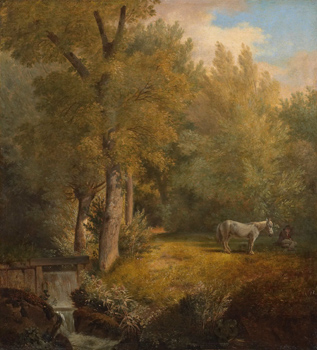 Wooded Landscape with Stream, White Horse, and Young Man Resting